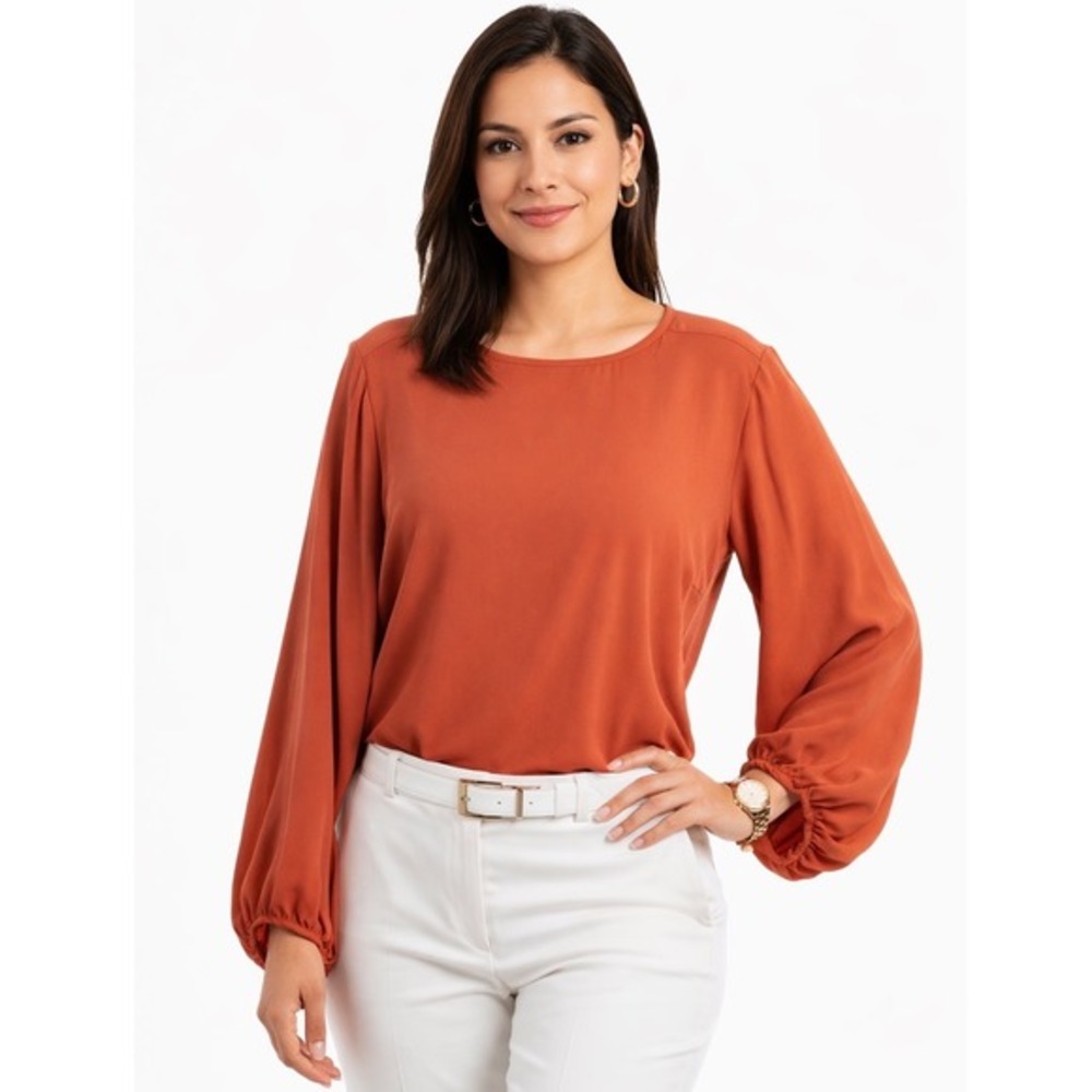 LOFT Rust Orange Balloon Sleeve Blouse Crew Neck Keyhole Back Top M Preppy 80-72